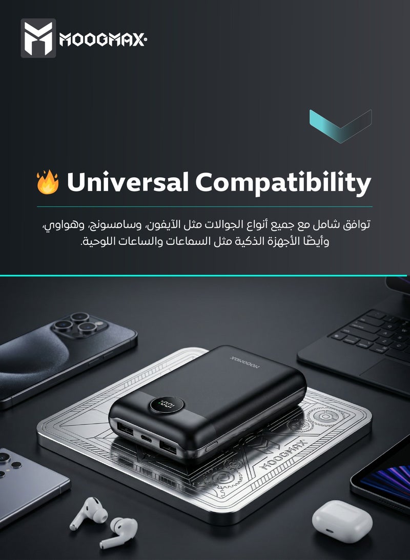 موجماكس باور بانك 20000 سوبر سمول سايز متعدد الاستخدامات. شاحن متنقل صغير بقوة 45 واط موزع على المنافذ يدعم الشحن السريع PD&QC. باور بنك مزود بشاشة رقمية LED لمعرفة مستوى الشحن. بطاريه متنقله يسمح باستخدامه على الطائرات والقطارات. بطارية شحن متوافقة مع جميع هواتف ايفون واندرويد. بور بانك باللون اسود من موجماكس. - Image 5